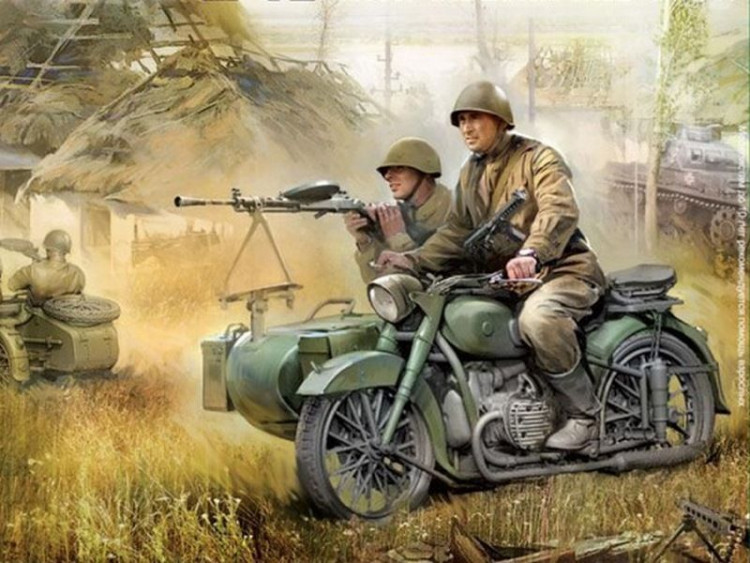 Сборная модель ZVEZDA Советский мотоцикл М-72 с коляской и экипажем, 1/35