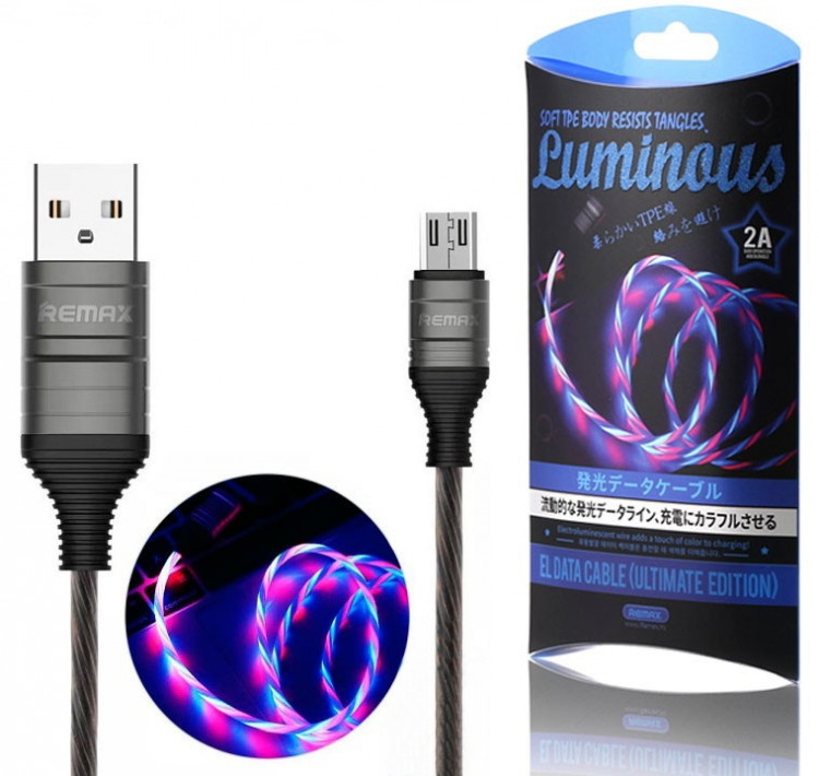 USB-кабель светящийся Remax RC-130m Luminous EL, черный