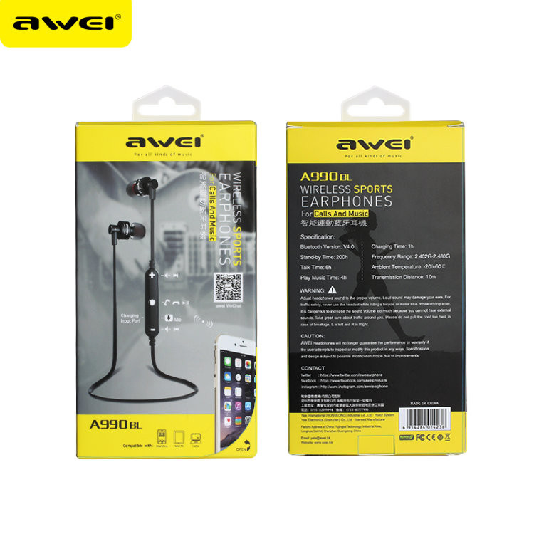 Bluetooth наушники AWEI A990BL wireless sport earphones чёрный